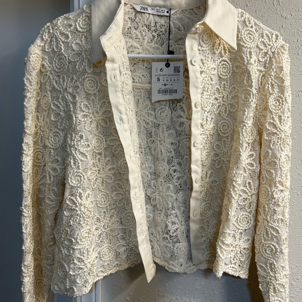 Zara Ivory Lace Button-Up Blouse